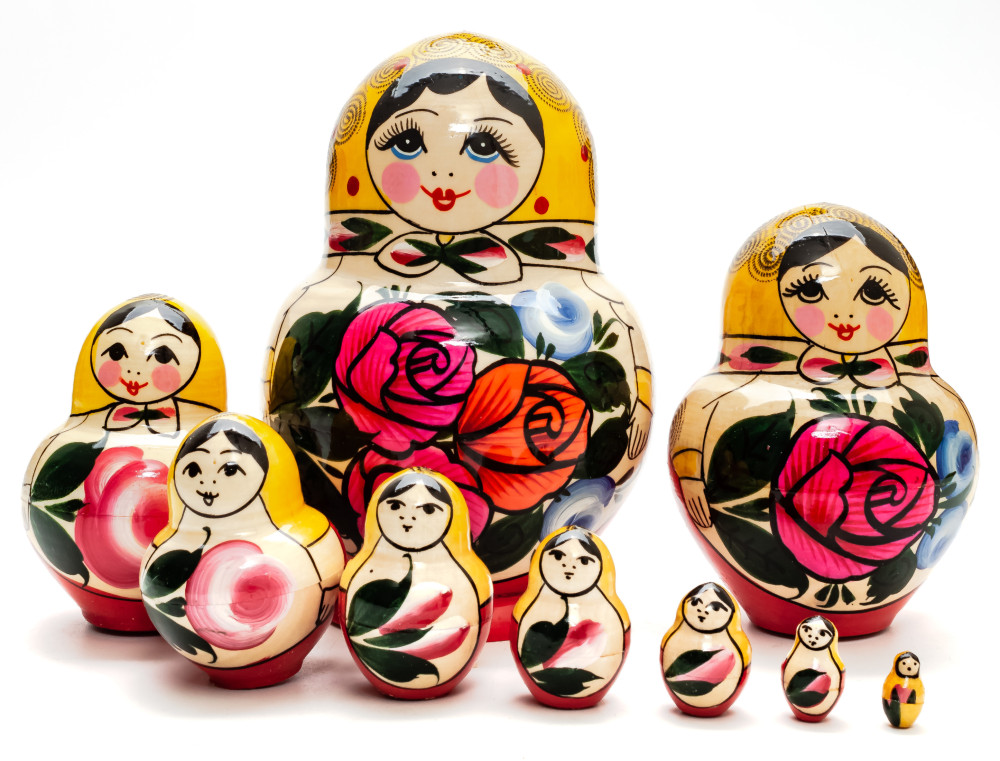 Semenovskaya Russian Matryoshka Nesting Doll yellow round 10 pcs inside