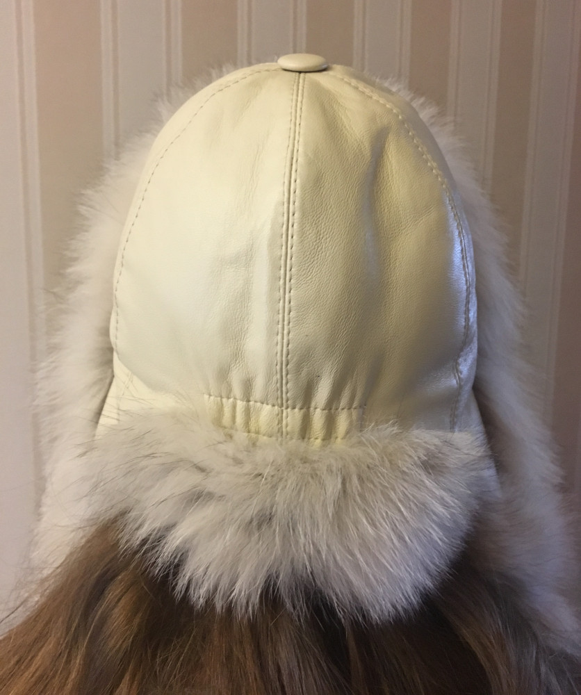 Silver Milk Polar Fox Fur Hat with Leather Top Nazarov