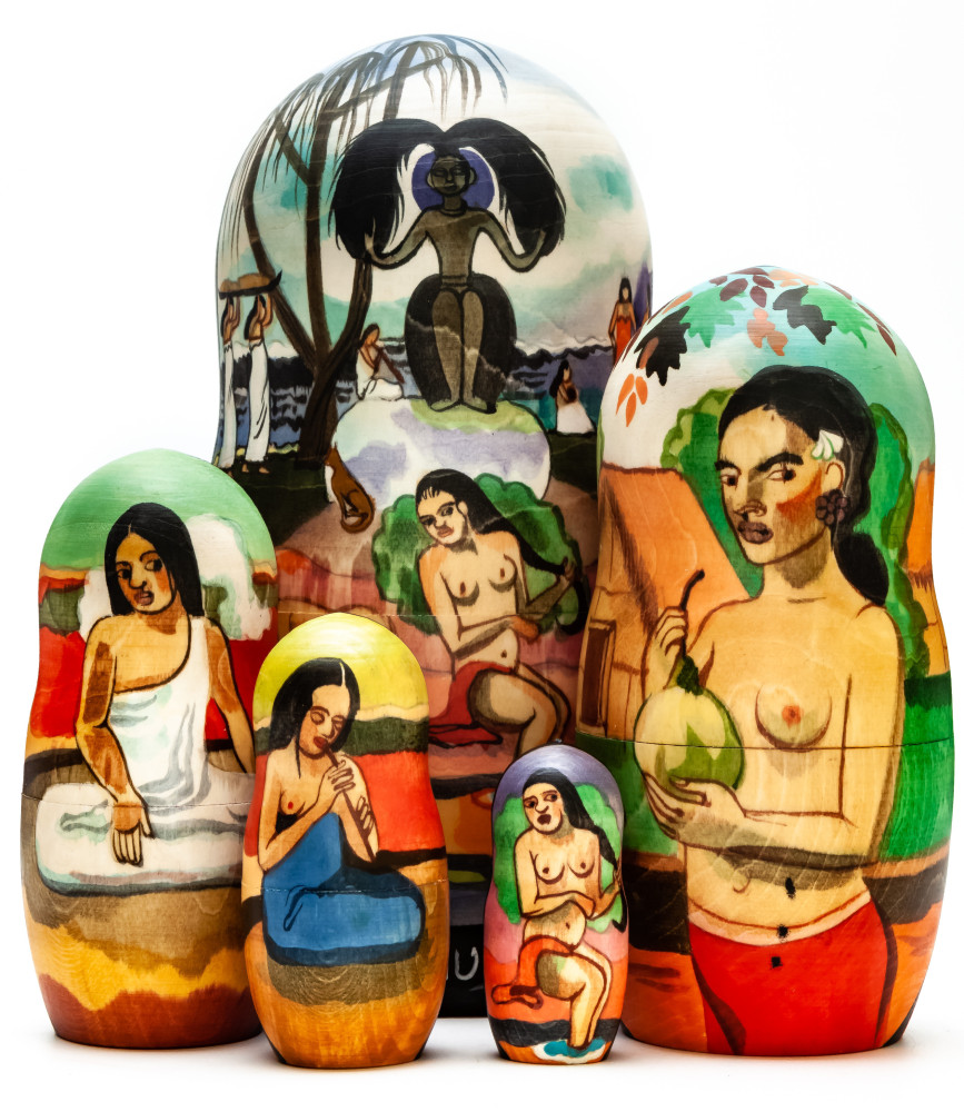 180 mm Day of the God by Gauguin hand painted on wooden Matryoshka doll 5 pcs (by Alexander Famous Paintings Studio)