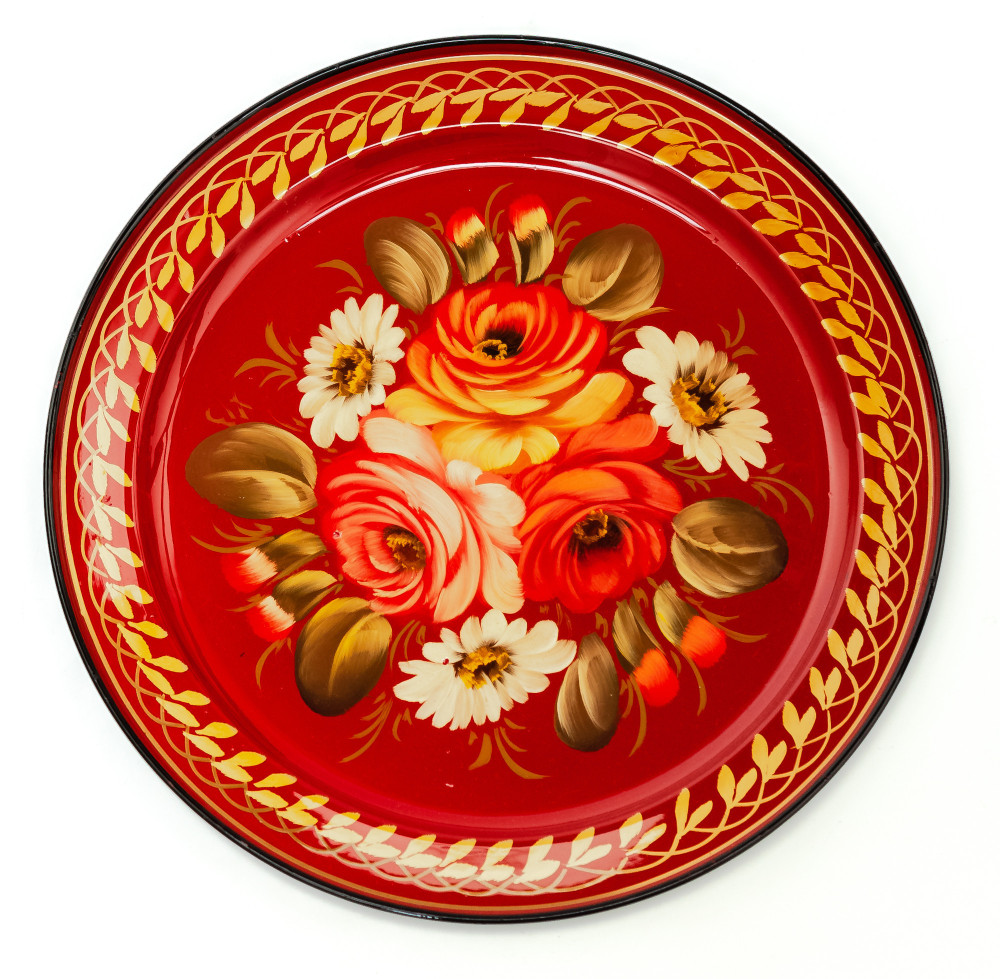 d 230 mm Zhostovo Patterns hand painted and lacquered Metal Forged Red Tray (by Lada Crafts)