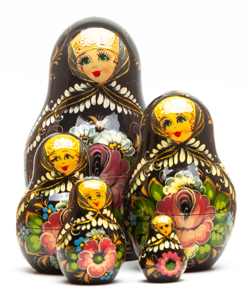 120 mm Black Flowers hand painted on Wooden Matryoshka doll 5 pcs (by Valeria Crafts)