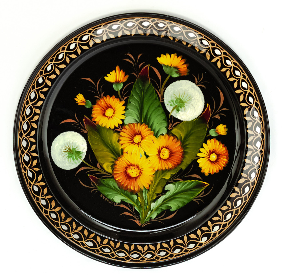 d 230 mm Zhostovo Patterns hand painted and lacquered by Kudinov Metal Forged Black Tray (by Lada Crafts)