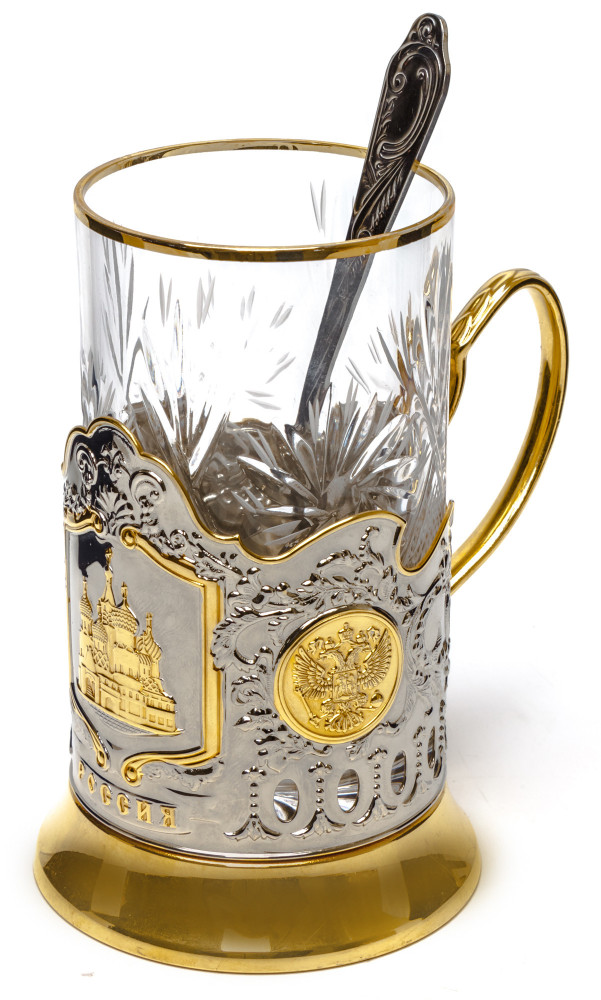 Saint Basil Cathedral Gold Plated Brass Tea Glass Holder with Crystal Glass and Gold Plated Tea Spoon (by Kolchugino)