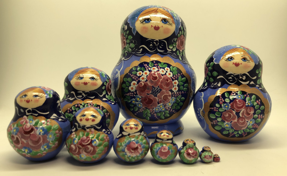 125 mm Navy Blue Gzhel Patterns hand painted on wooden Russian Matryoshka 5 pcs (by Rose Studio)