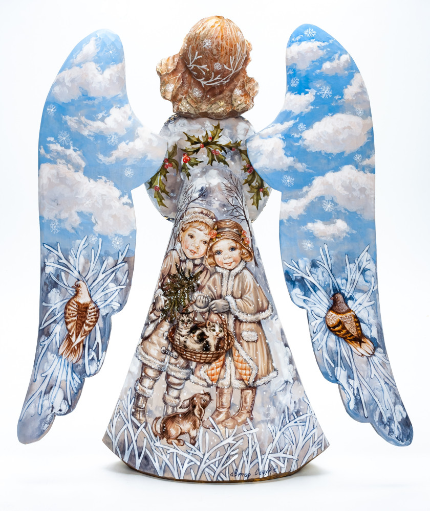 340 mm Mother Angel with a Candle and Children hand painted wooden figurine (by Polar Bear Studio)