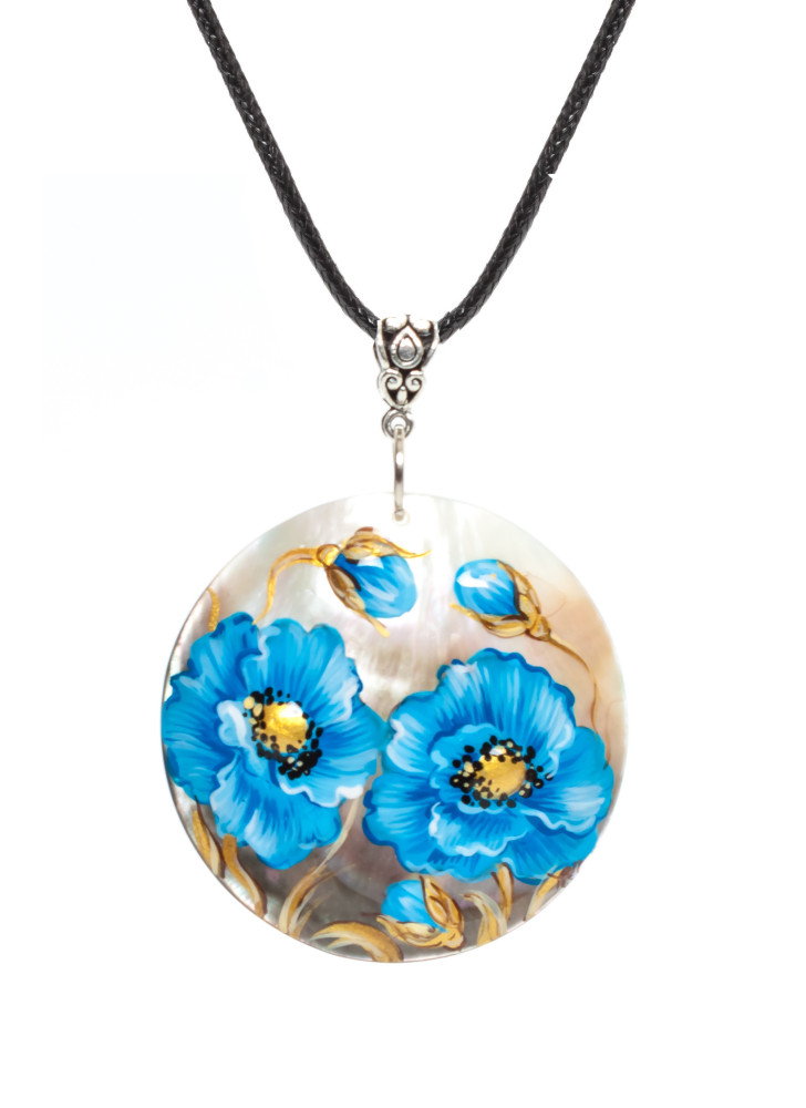  d50 mm Flowers hand painted Nacre Pendant (by Tatiana Shkatulka Crafts)