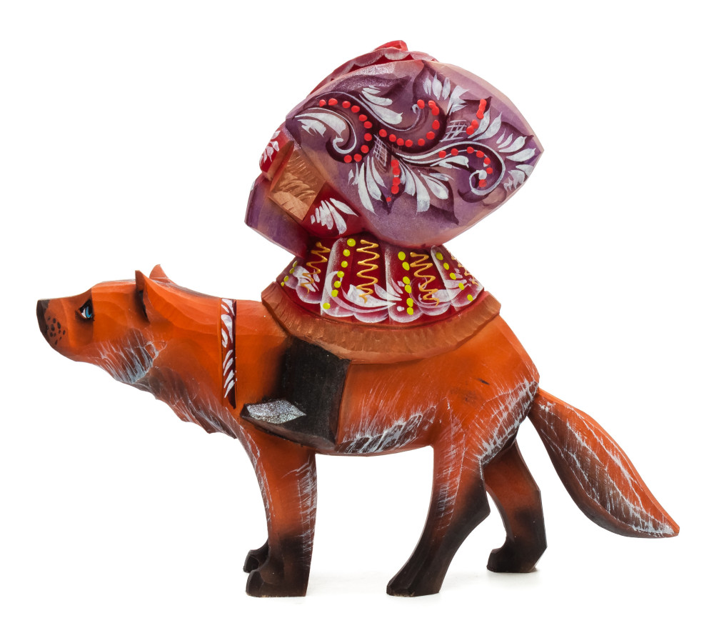 180 mm Santa with a Bag riding a Fox Carved Wood Hand Painted Collectible Figurine (by Igor Carved Wooden Figures Studio)