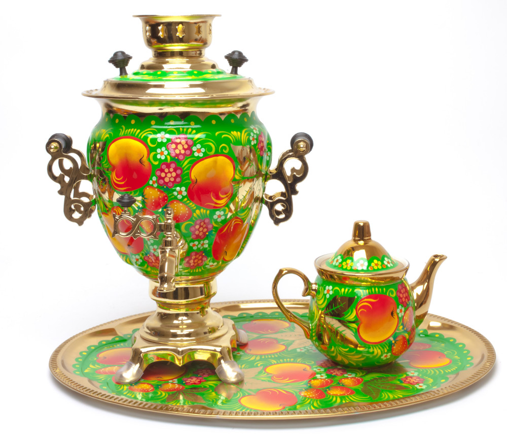 Apples hand painted Electric Samovar Kettle with Teapot and Tray