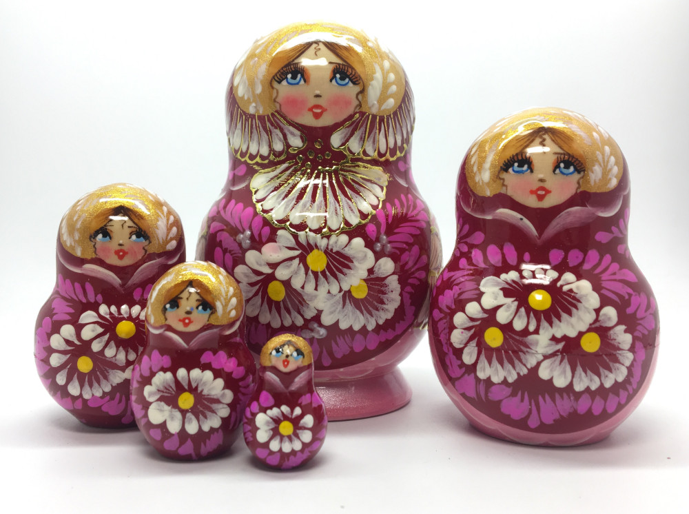 110 mm Daisies on violette background handpainted wooden Russian Matryoshka doll 5 pcs round shape