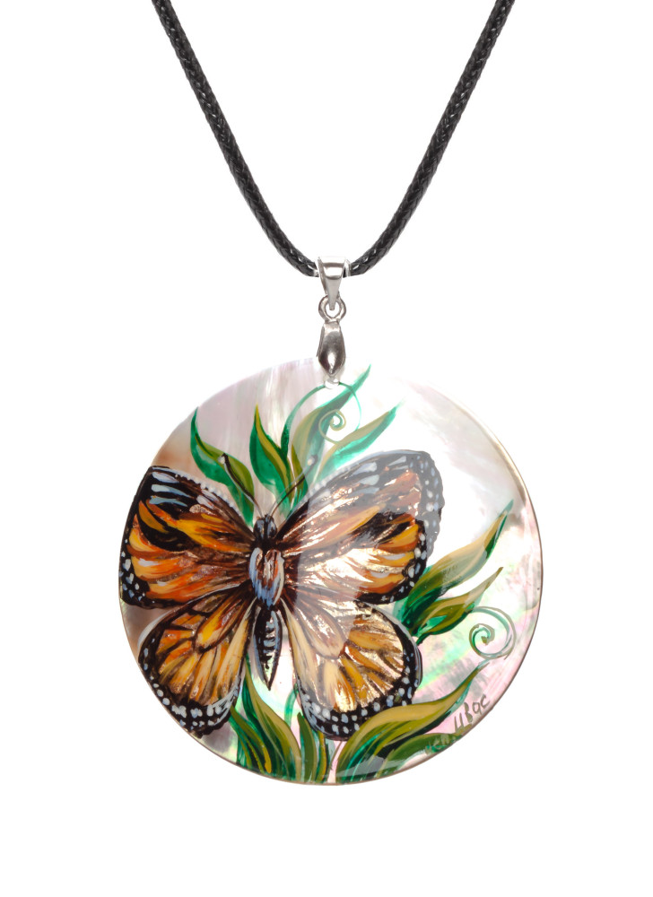 d50 mm Butterfly hand painted Nacre Pendant (by Tatiana Shkatulka Crafts)