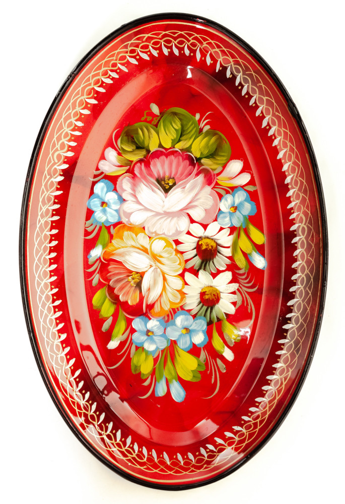 165x255 mm Zhostovo Patterns hand painted and lacquered Metal Forged Red Tray (by Lada Crafts)