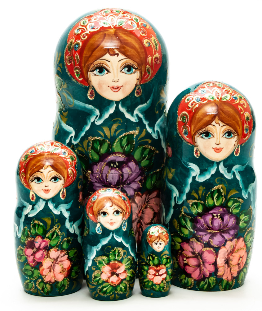 160 mm Flowers hand painted on Wooden Matryoshka doll 5 pcs (by Skazka)