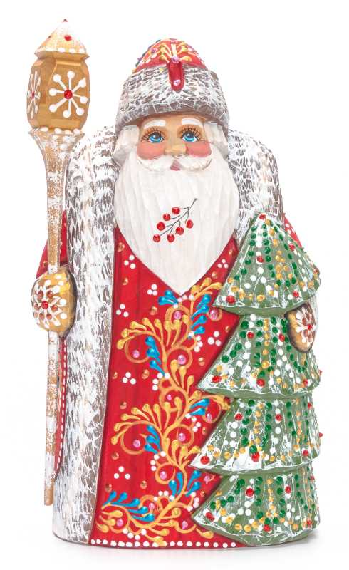 200 mm Santa with a Magic Staff and a Green Christmas Tree Carved Wood Hand Painted Collectible Figurine (by Natalia Nikitina Workshop)