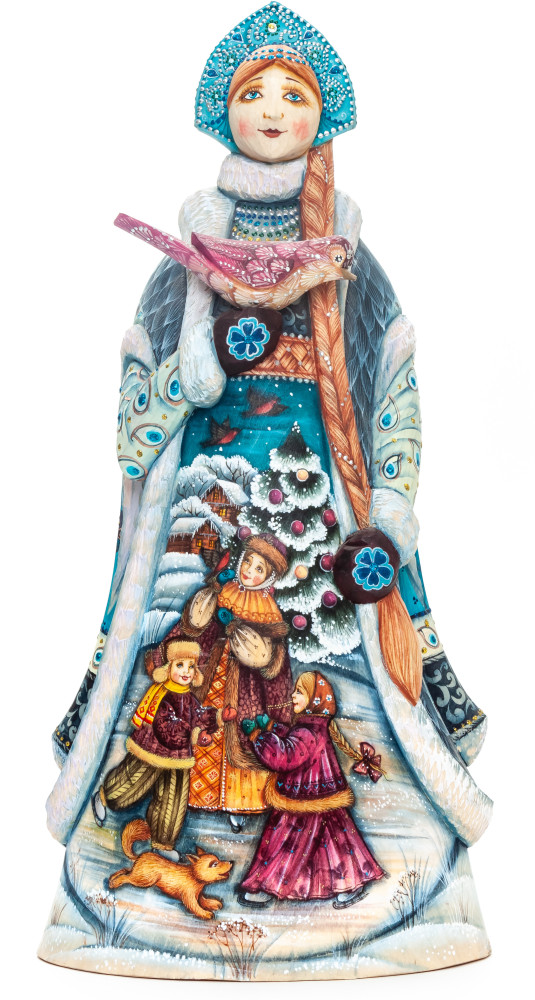 290 mm Snowmaiden Princess with a Bird with hand painted Playing Children Wooden Statue (by Karpova Nadezda)