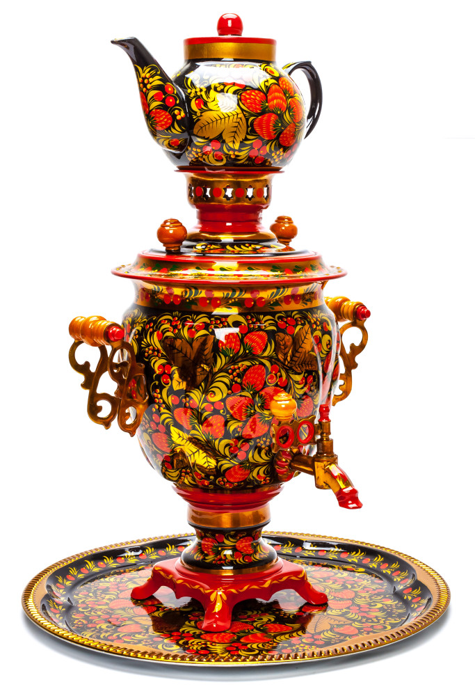 Golden Khokhloma Electric Brass Samovar Kettle with Teapot and Tray