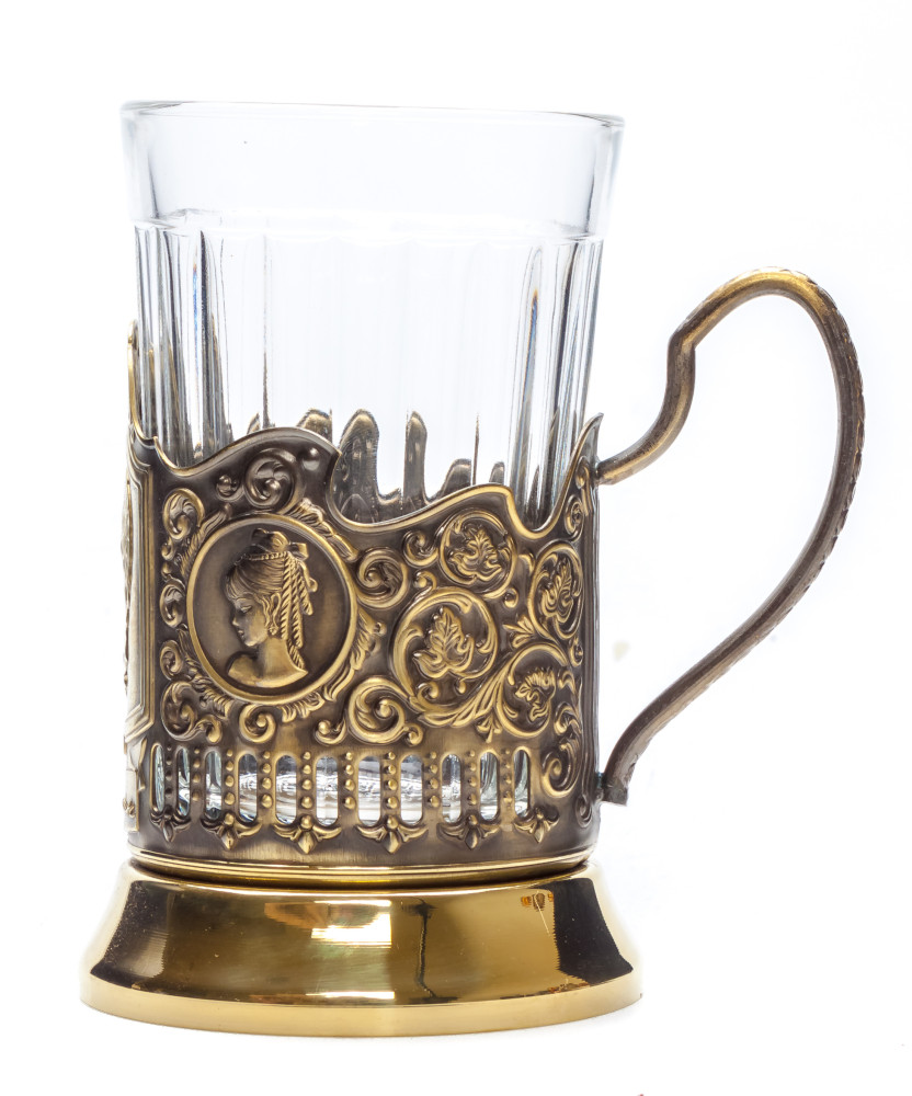 Pushkin Nickel Plated Brass Tea Glass Holder with Faceted Glass (by Kolchugino)