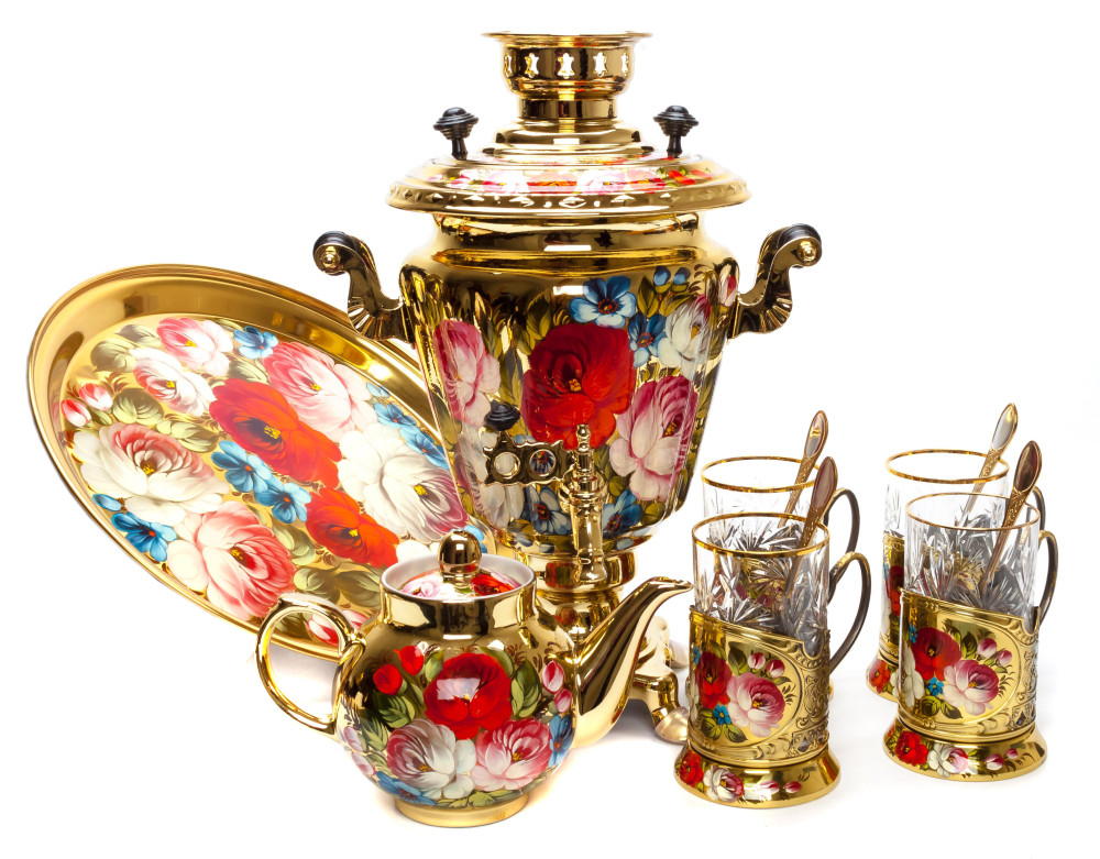Zhostovo Flowers Electric Gold Samovar Kettle with 4 hand painted Brass Tea Glass Holders, Ceramic Teapot and metal Tray