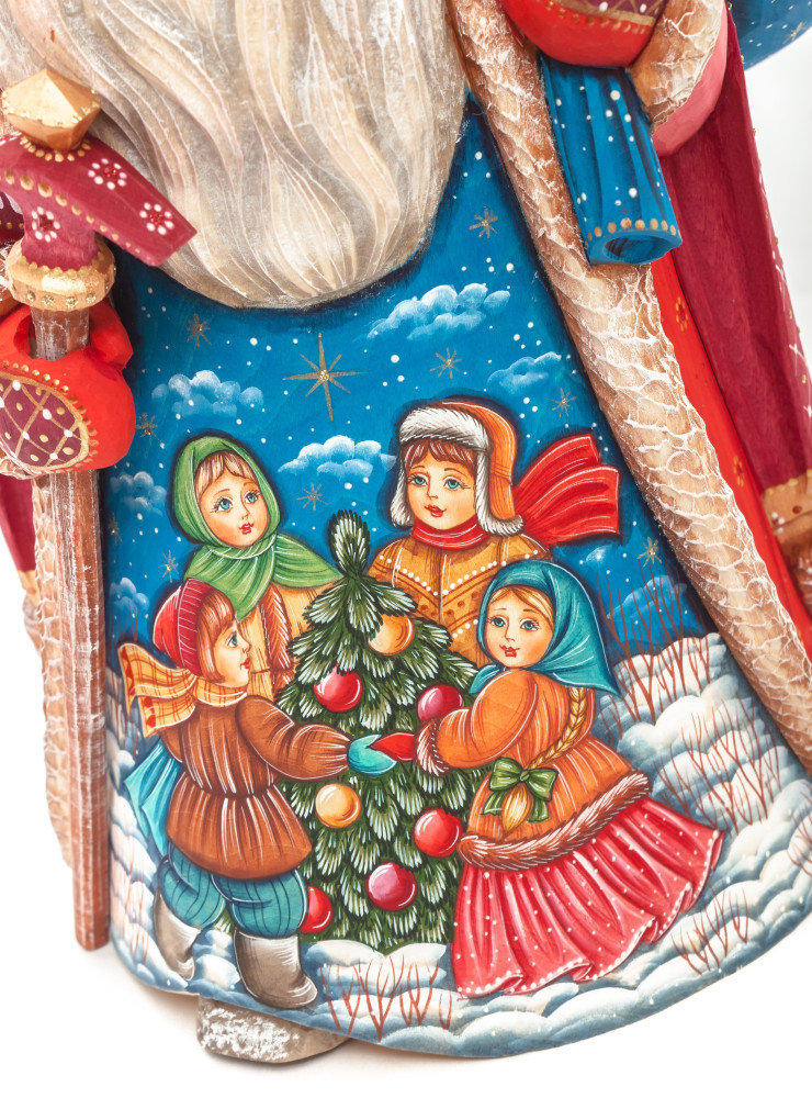 220 mm Santa with a Magic Staff and a Bag with hand painted Kids playing at the Green Christmas Tree Carved Wood Collectible Figurine (by Sergey Christmas Workshop)
