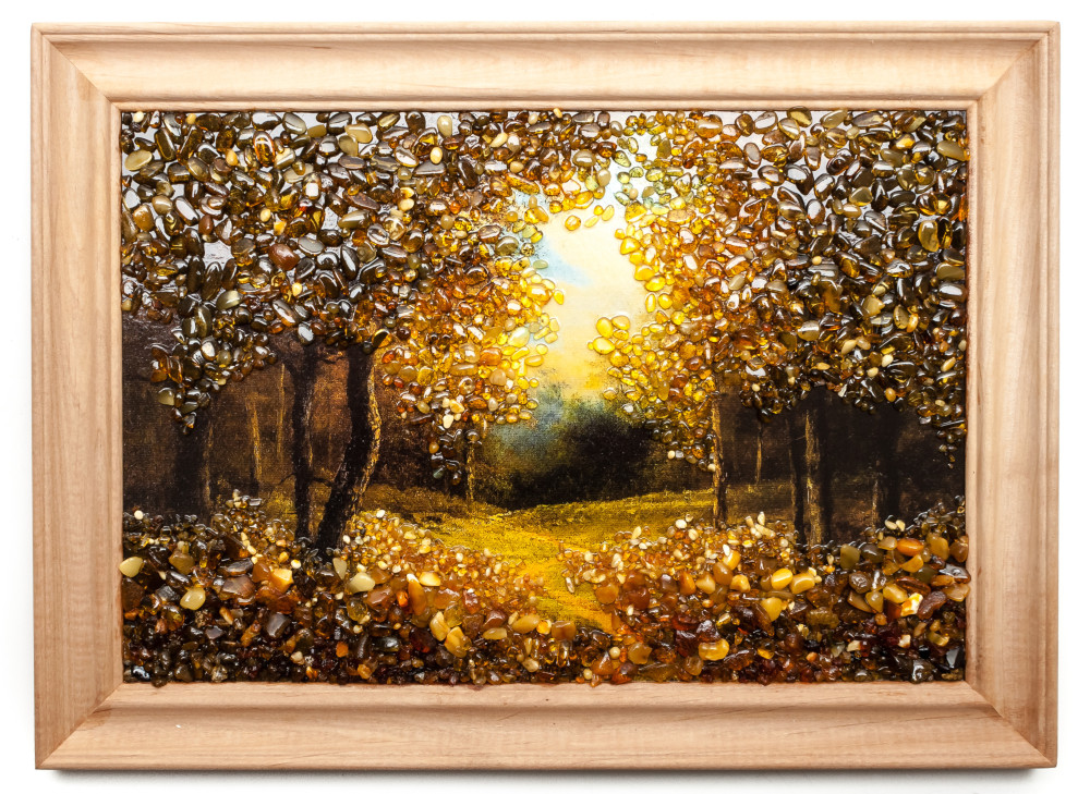 275x205 mm Autumn Landscape on red background hand made of natural Baltic Sea Amber stones (by Russian Amber)