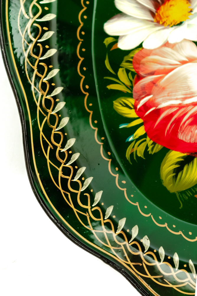 180x220 mm Zhostovo Patterns hand painted and lacquered Metal Forged Green Tray (by Lada Crafts)