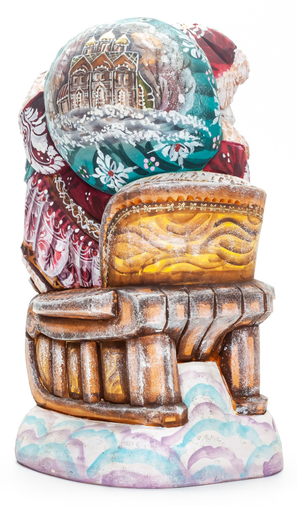 200 mm Santa with a Bag riding the Sleighs Carved Wood Hand Painted Collectible Figurine  (by Natalia Nikitina Workshop)