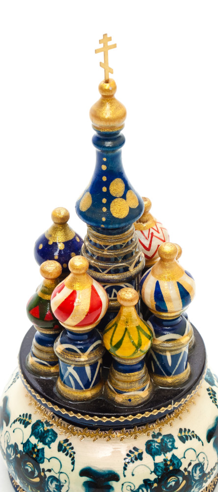 190 mm Saint Basil's Cathedral Gzhel Art hand painted Wooden Music Box (by Nightingale Crafts)