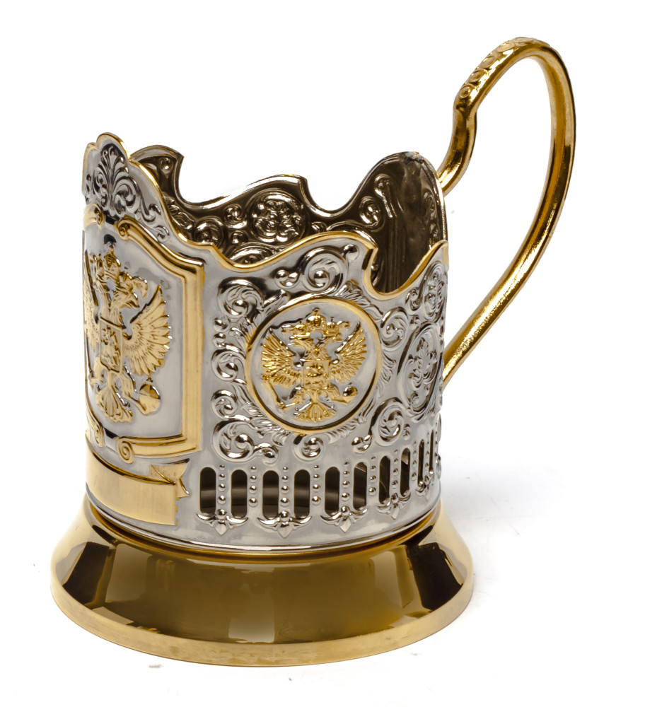 Coat of Arms Russia Gold Plated Brass Tea Glass Holder with Crystal Glass and Gold Plated Tea Spoon (by Kolchugino)