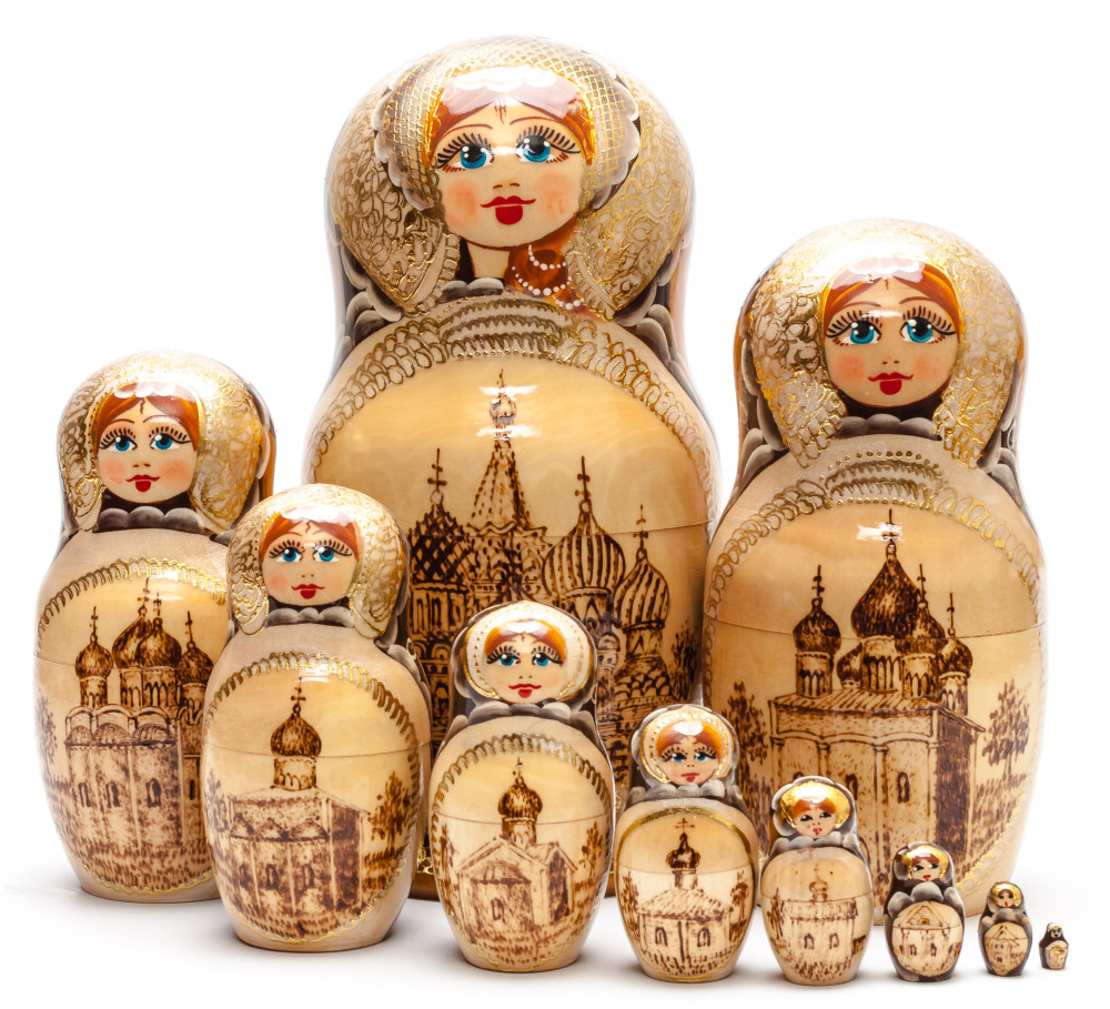 260 mm Moscow Saint Basil Cathedral hand painted burnt Matryoshka Doll 10 pcs inside (by Valery Studio)