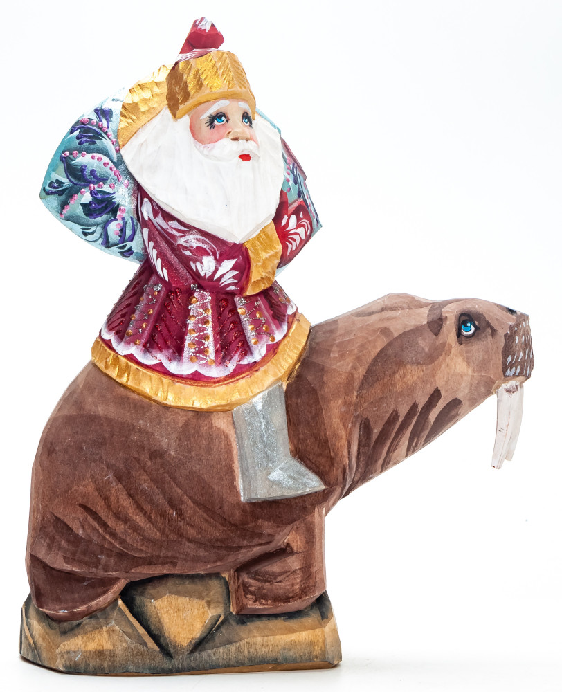 180 mm Santa with a Bag Riding the Walrus handpainted Wooden Carved Statue (by Igor Carved Wooden Figures Studio)
