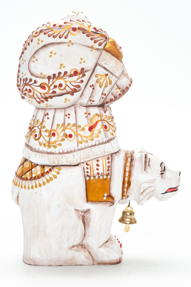 180 mm Santa Claus with a Bag Riding the Bear handpainted Wooden Carved Statue (by Natalia Nikitina Workshop)