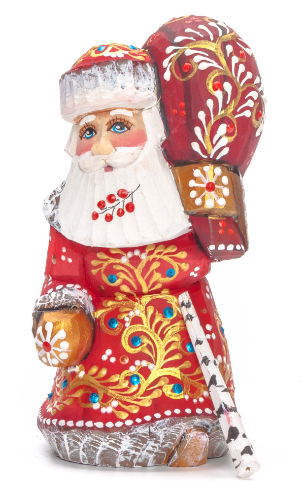 135 mm Santa with a Magic Staff and a Bag Carved Wood Hand Painted Collectible Figurine (by Natalia Nikitina Workshop)