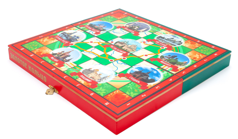 Wooden Chess Board with Golden Ring of Russia Hand Painted Chess Pieces