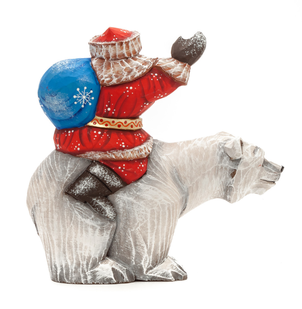 150 mm Santa with a Bag riding the Bear Carved Wood Hand Painted Collectible Figurine (by Sergey Christmas Workshop)