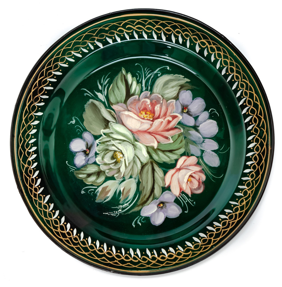  d 180 mm Zhostovo Patterns hand painted and lacquered Metal Forged Green Tray (by Lada Crafts)