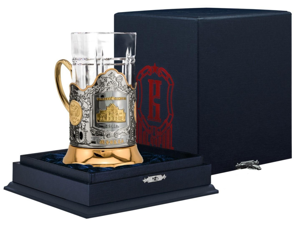 Rizhsky Railway Station Gold Plated Brass Tea Glass Holder with Crystal Glass and Gold Plated Tea Spoon (by Kolchugino)