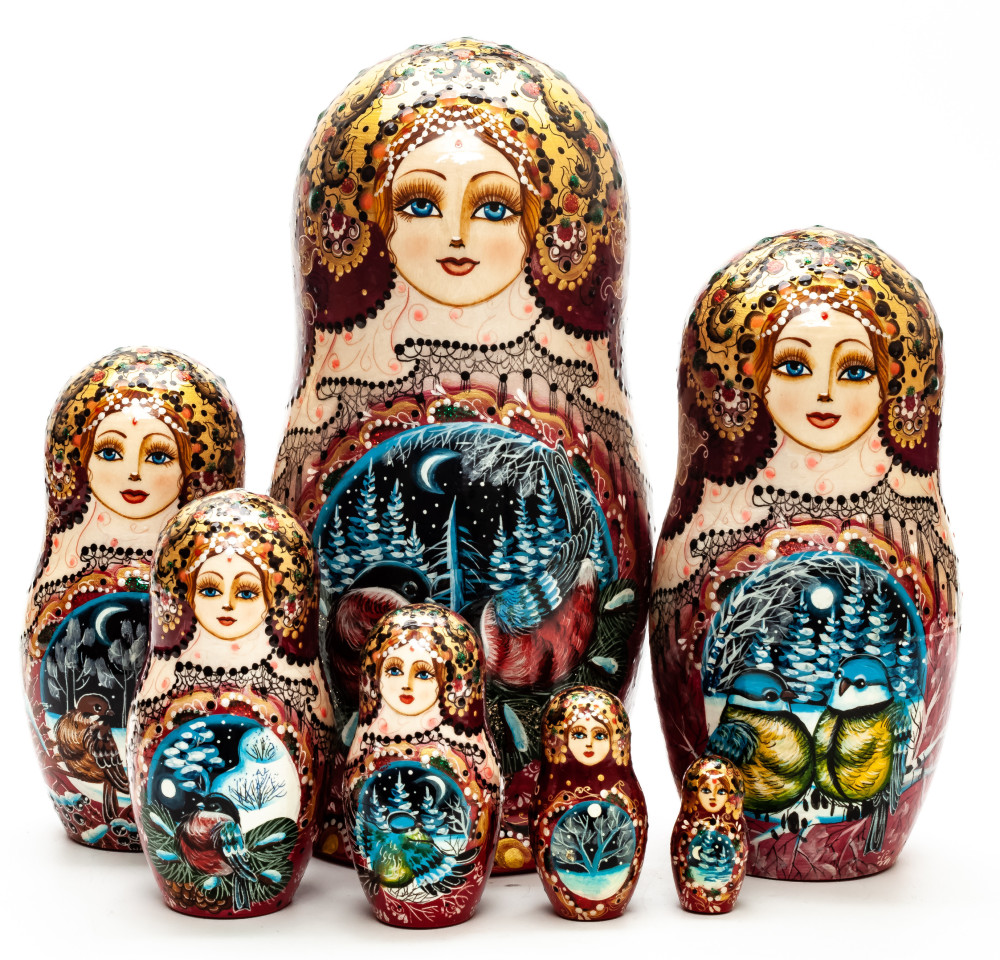 220 mm Bullfinches hand painted on Wooden Matryoshka doll 5 pcs (by Natalia Crafts)
