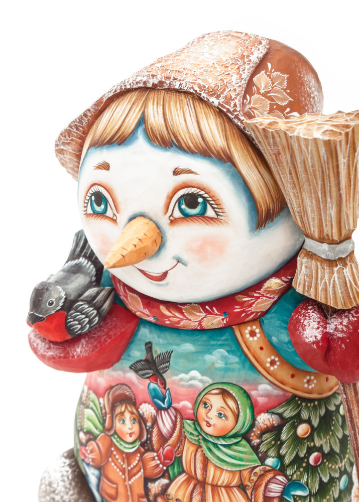 190 mm Snowman with hand painted Kids playing with a Bullfinch wooden figurine (by Sergey Christmas Workshop)