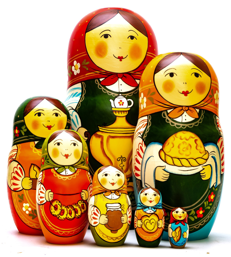 230mm Mistress with Samovar hand painted Traditional Russian Wooden Matryoshka doll 7 pcs (by Igor Malyutin)