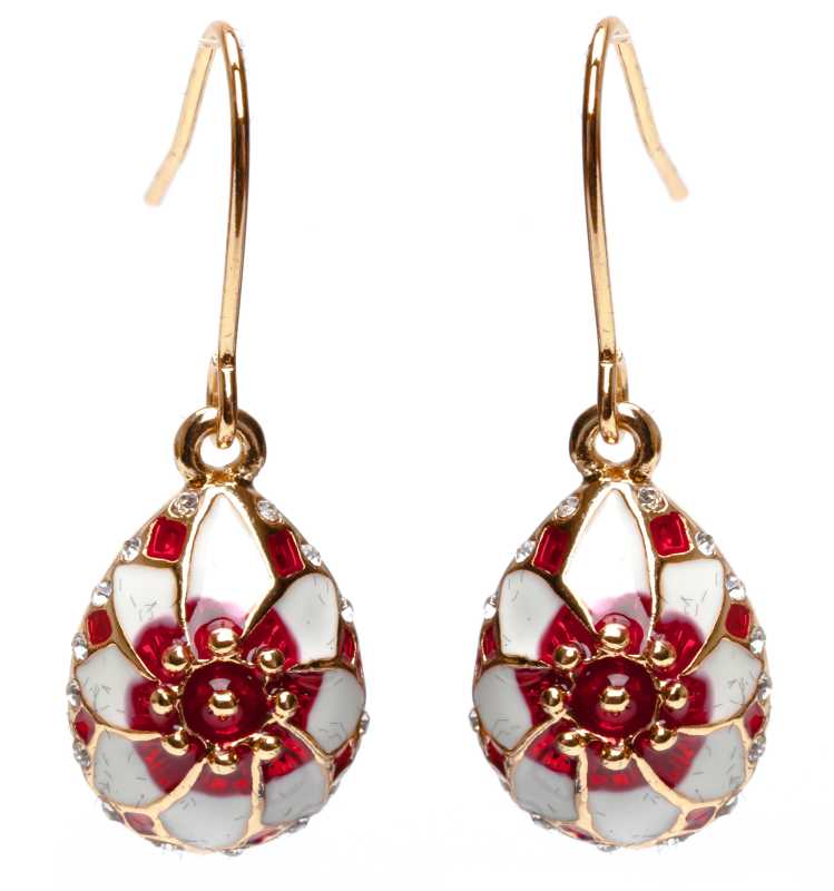15x35 mm White and Red Flower Egg Shaped Earrings