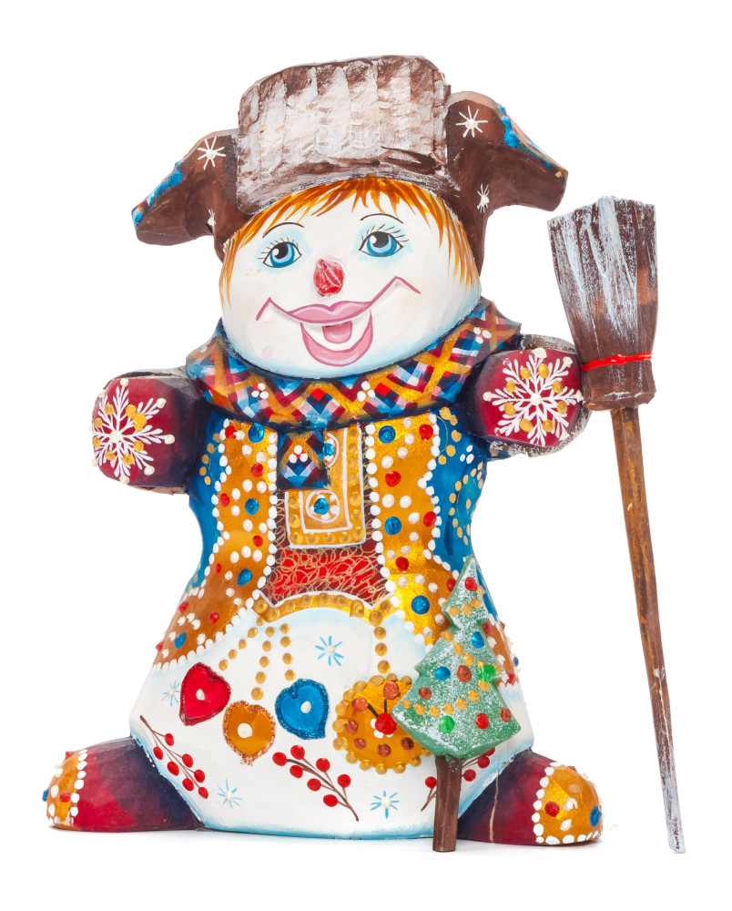 160 mm Snowman with a Broom and a Green Christmas Tree on wooden Figurine (by Natalia Nikitina Workshop)