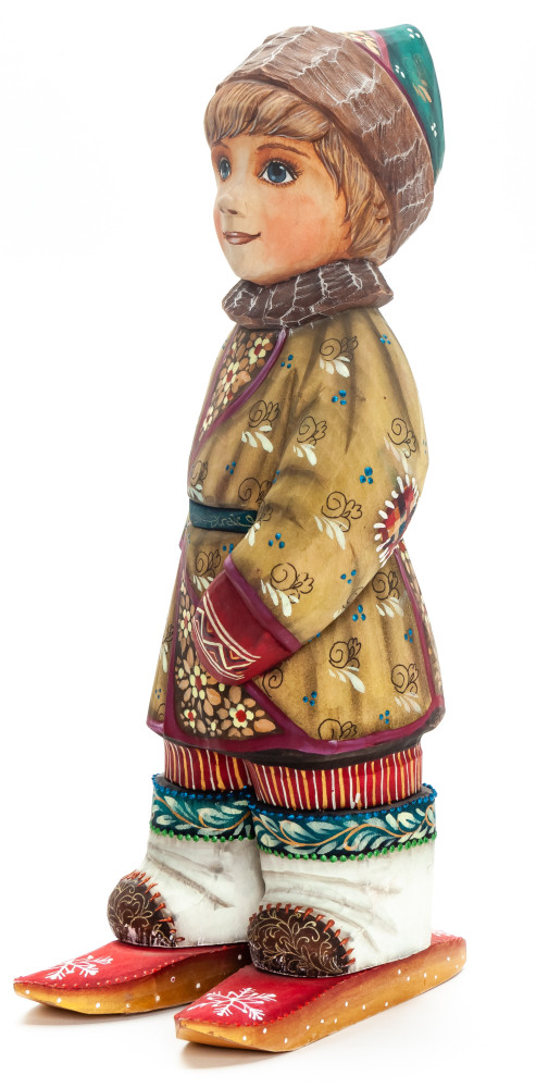230 mm Boy riding the Skiing hand painted Wooden Statue (by Karpova Nadezda)