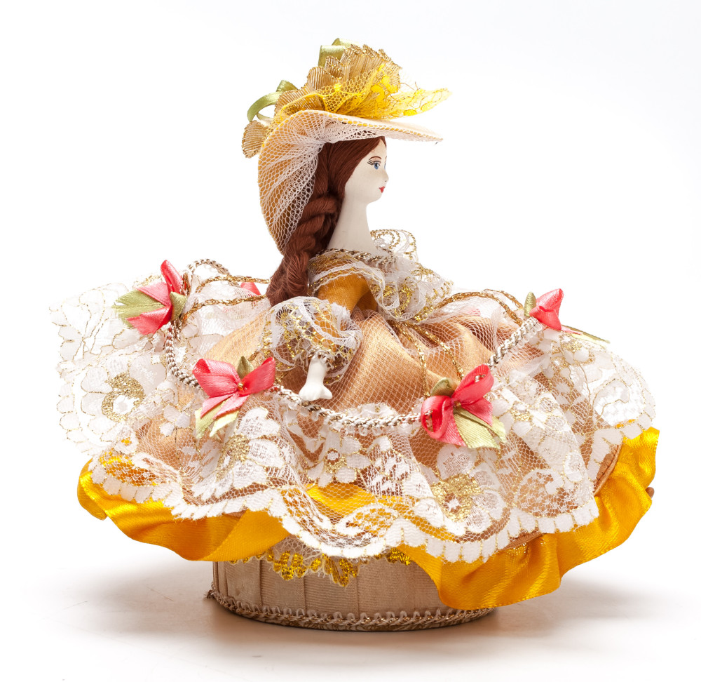 Girl in a nice Summer Hat and Dress sitting on Jewelry Box (hand-sewn Doll by Le Russe)