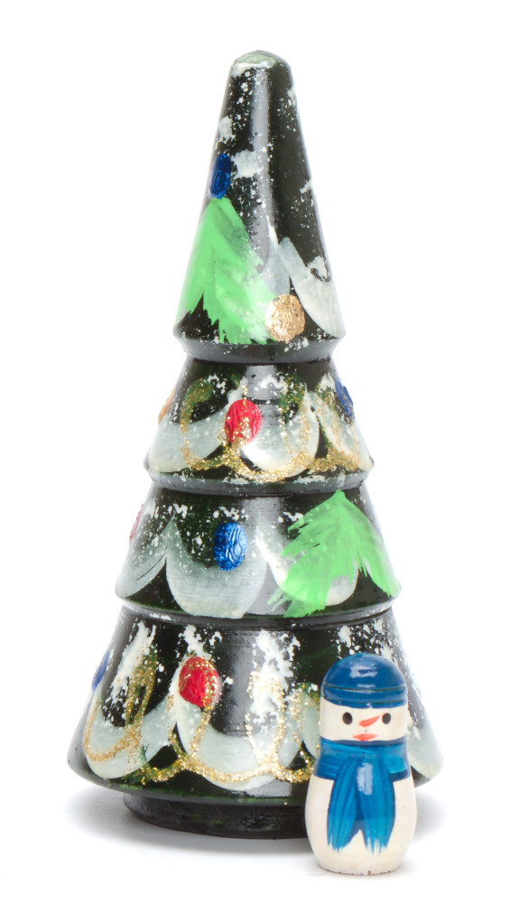 125 mm Christmas Wooden Green Tree with Hand Painted Garlands and Decorations
