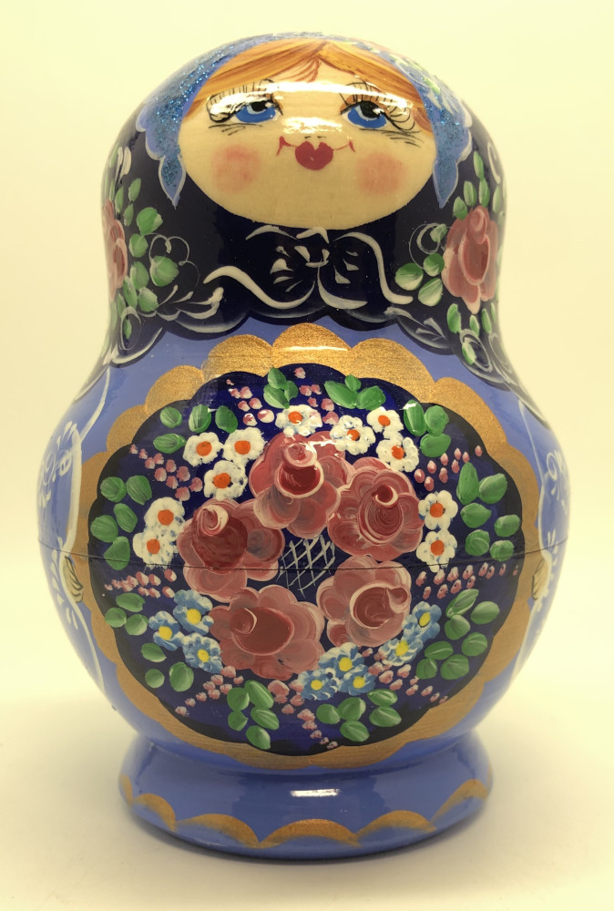 125 mm Navy Blue Gzhel Patterns hand painted on wooden Russian Matryoshka 5 pcs (by Rose Studio)