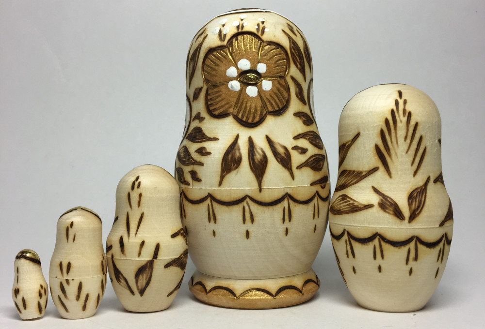 100 mm Nothern Flowers hand burnt and painted Wooden Matryoshka doll 5 pcs (by Nadia Studio)