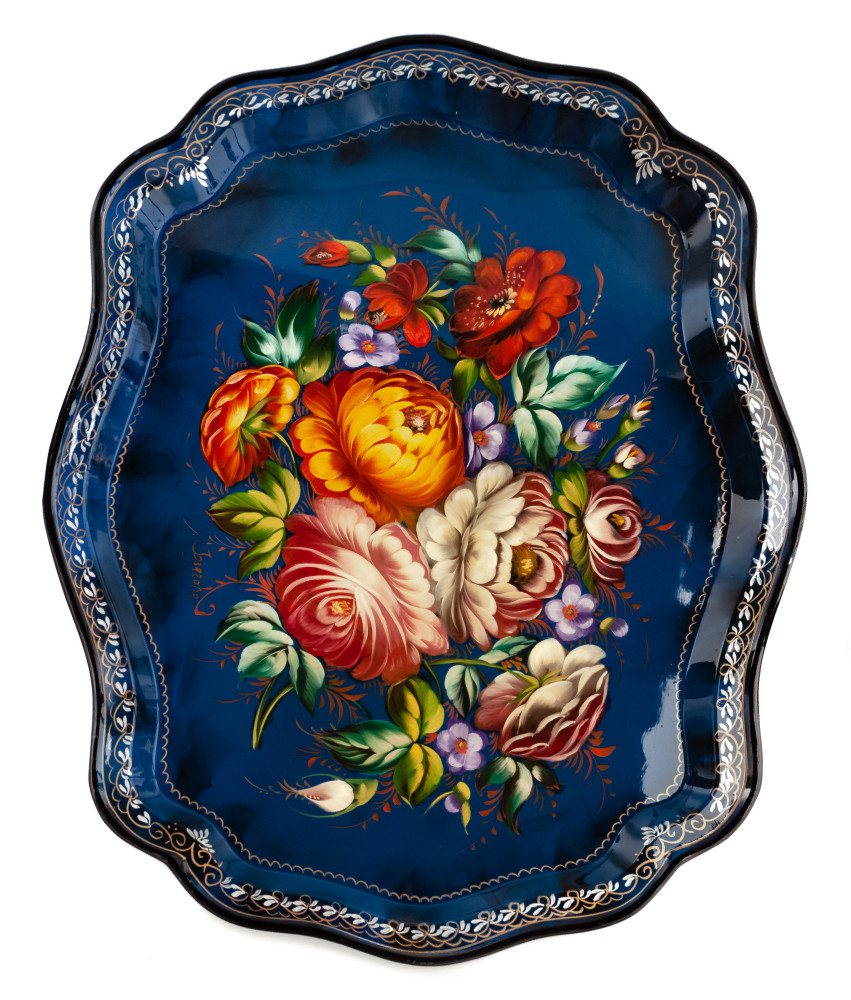 370x450 mm Zhostovo Patterns hand painted and lacquered by Blagova Metal Forged Tray (by Lada Crafts)