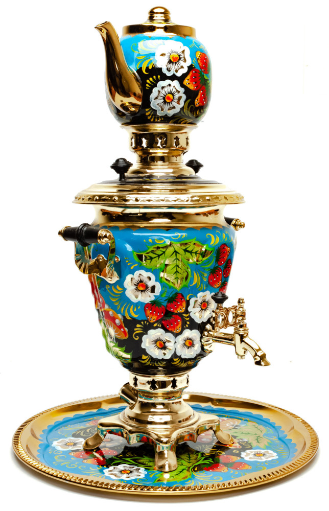Mushrooms Hand Painted Electric Samovar Kettle with Teapot and Tray