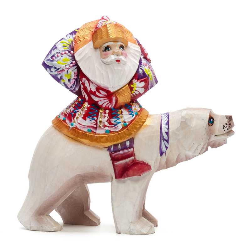 180 mm Santa with a Bag riding a Bear Carved Wood Hand Painted Collectible Figurine (by Igor Carved Wooden Figures Studio)