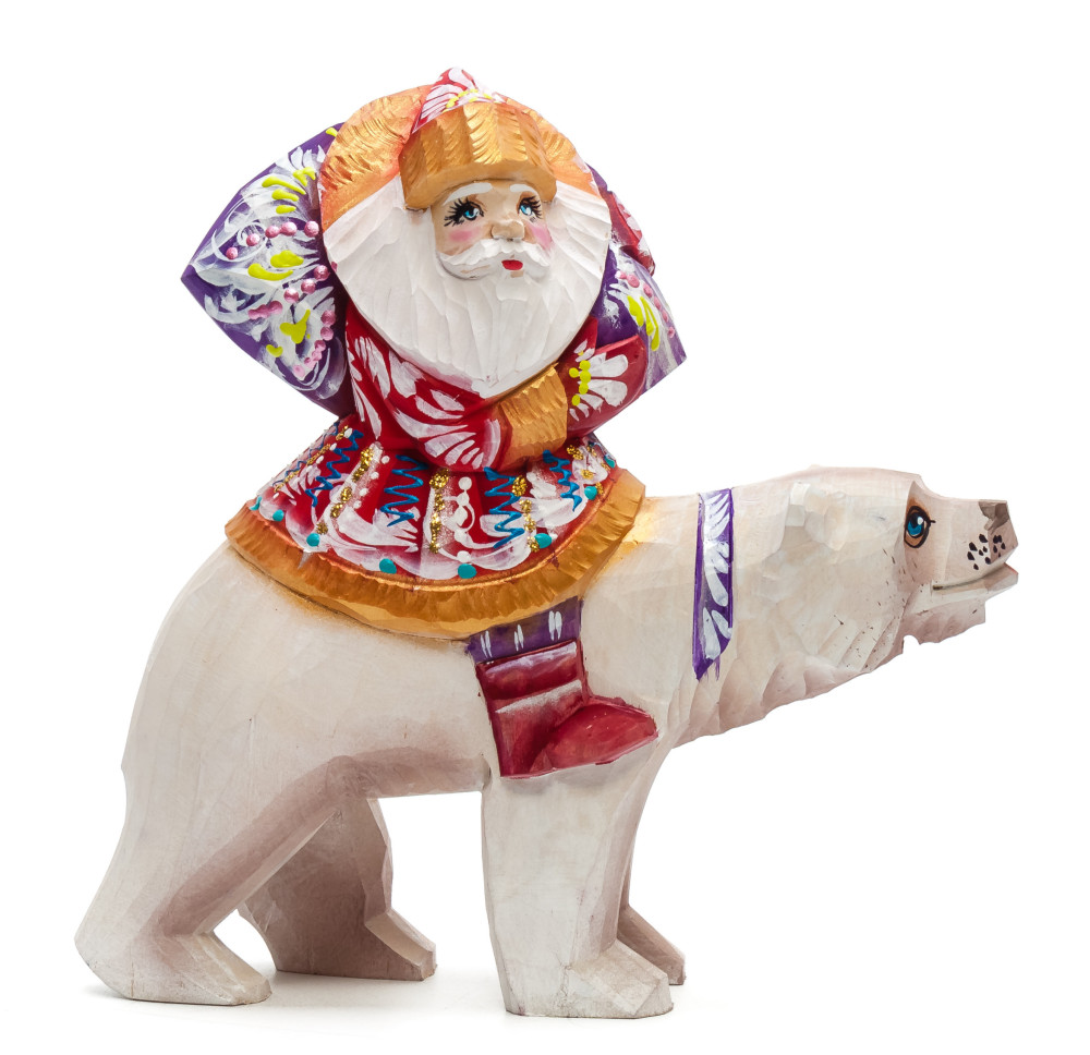 180 mm Santa with a Bag riding a Bear Carved Wood Hand Painted Collectible Figurine (by Igor Carved Wooden Figures Studio)