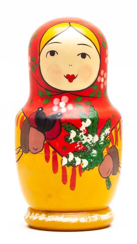 110 mm Mistress with Bullfinches and a Spruce Branch hand painted Traditional Russian Wooden Matryoshka doll 5 pcs (by Sergey Malyutin)